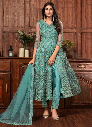 Blue Heavy Embroidered High Slit Style Pant Suit