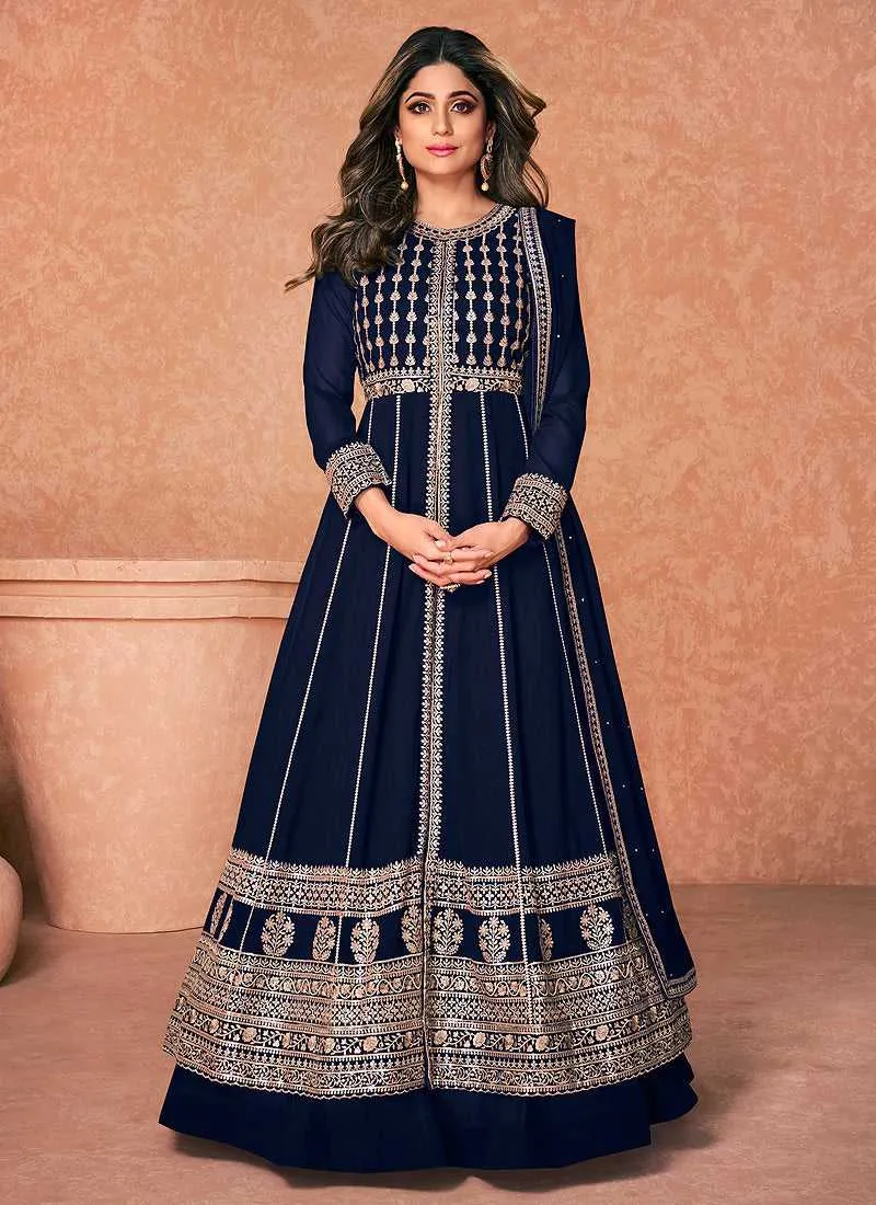 Blue Heavy Embroidered Slit Style Anarkali Lehenga