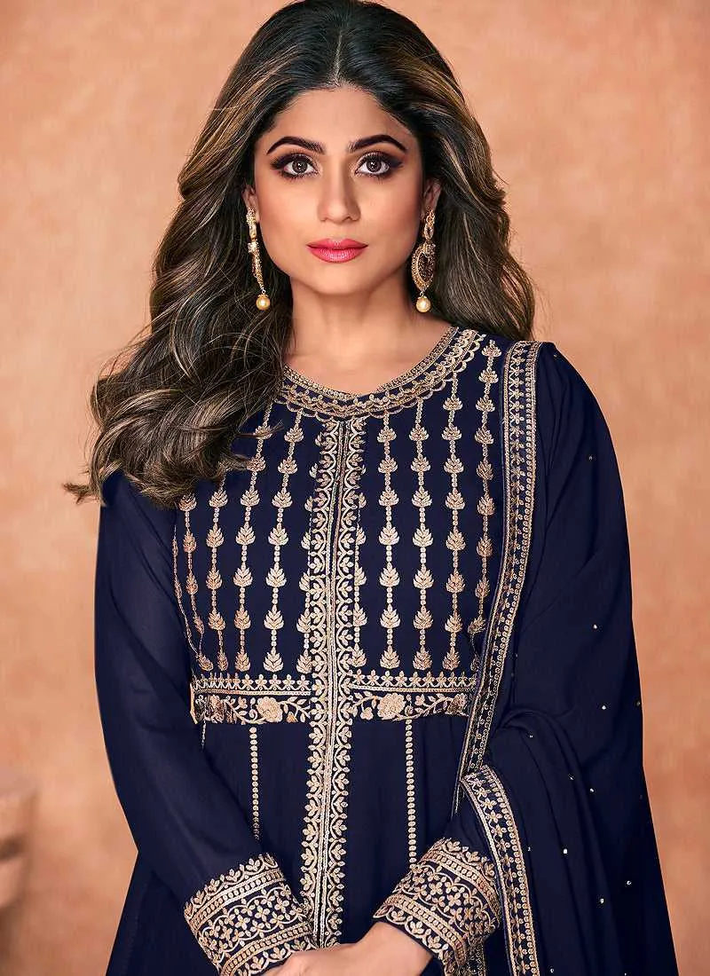 Blue Heavy Embroidered Slit Style Anarkali Lehenga