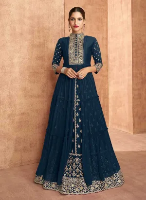 Blue Heavy Embroidered Slit Style Lehenga Anarkali