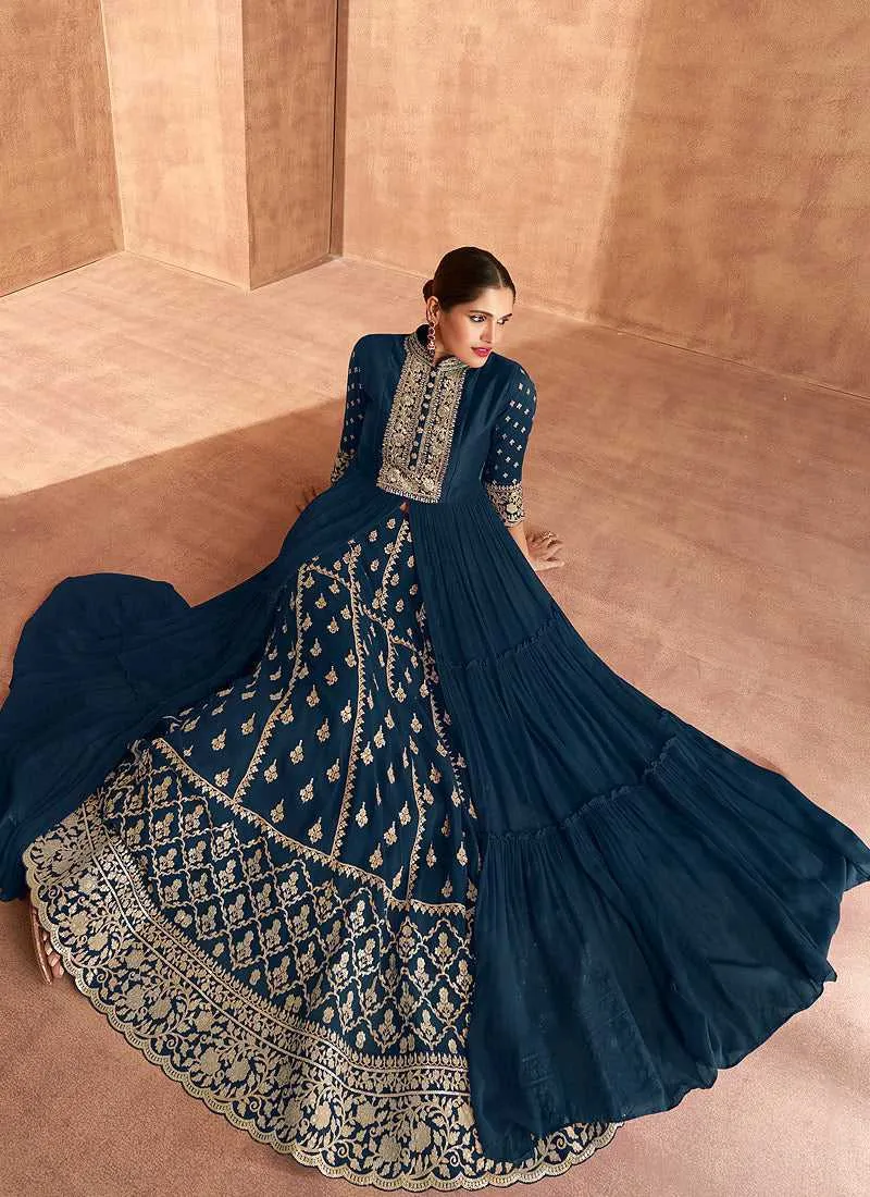 Blue Heavy Embroidered Slit Style Lehenga Anarkali
