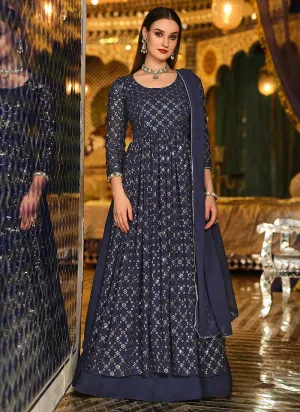 Blue Sequin Embroidered Lehenga Style Anarkali