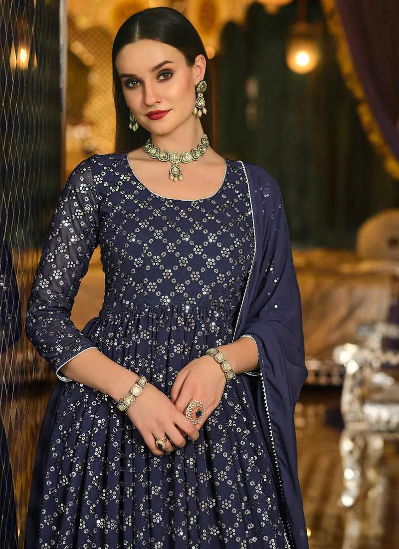 Blue Sequin Embroidered Lehenga Style Anarkali