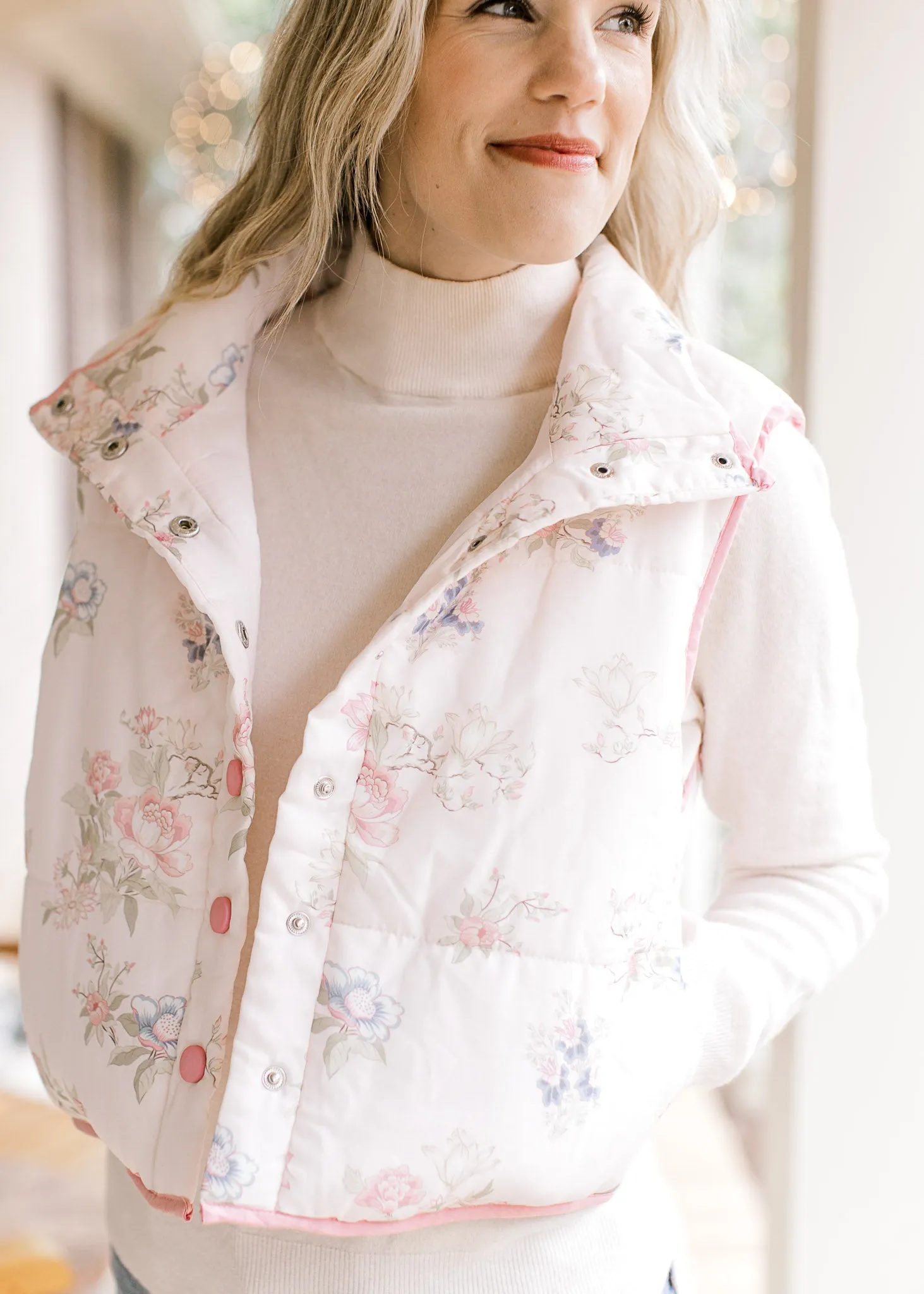 Blushing Pink Floral Puffer Vest B