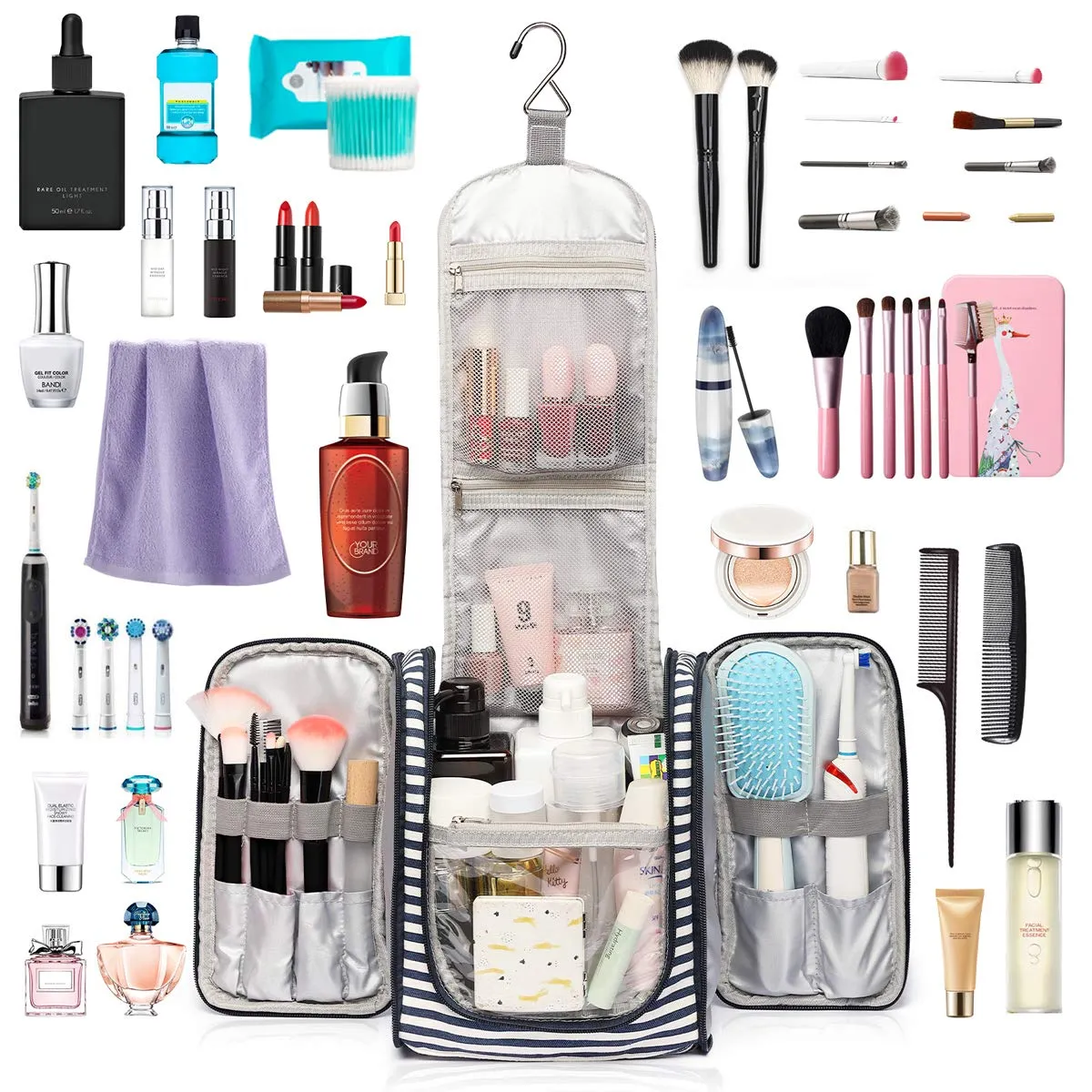 Bosidu Hanging Travel Toiletry Bag,Large Capacity Cosmetic Toiletry Organizer for Women with 4 Compartments & 1 Sturdy Hook,Perfect for Travel/Daily Use/Christmas