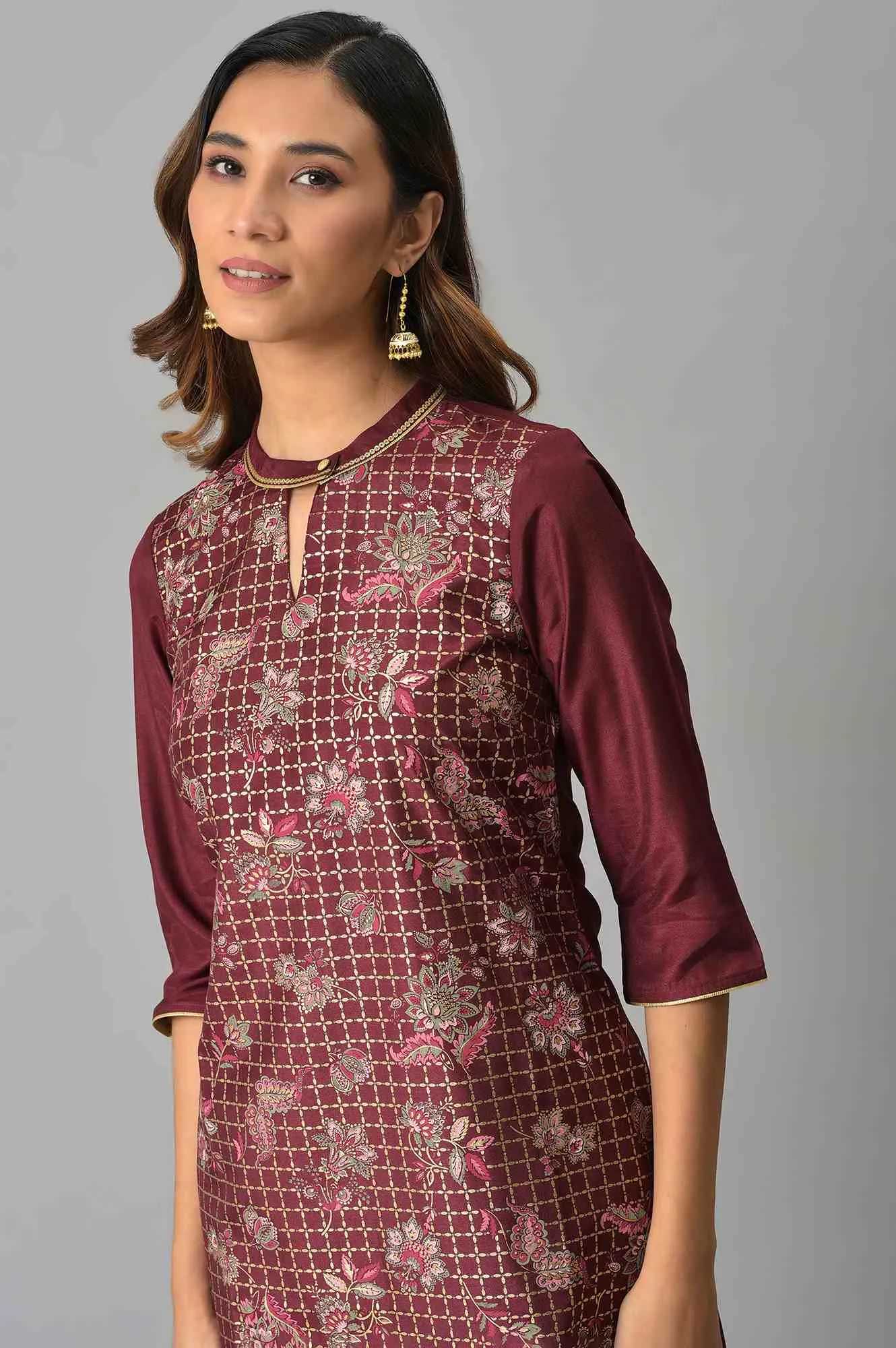 Brown Floral Printed Sequined Ethnic Kurta