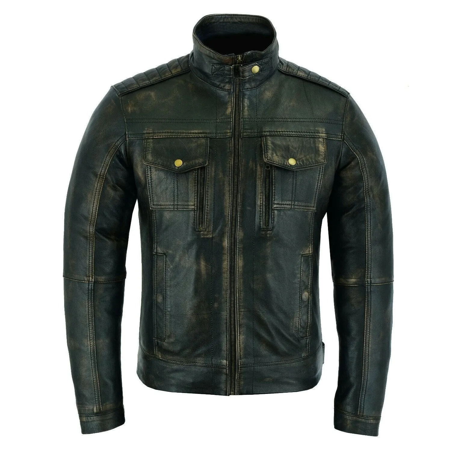 Brushed Antique Brown Vintage Cafe Retro Biker Leather Jacket Motorcycle Wax