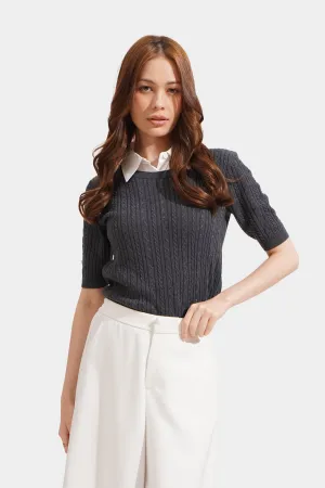 Cable Knit Contrast Collared Tee