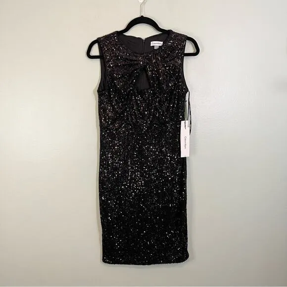 Calvin Stretch All Over Sequin Knot Detail Party Sheath Dress Black Size 8P NWT