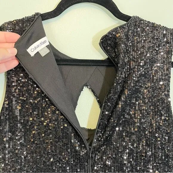 Calvin Stretch All Over Sequin Knot Detail Party Sheath Dress Black Size 8P NWT