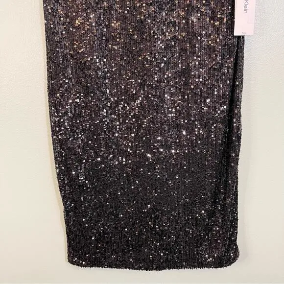 Calvin Stretch All Over Sequin Knot Detail Party Sheath Dress Black Size 8P NWT