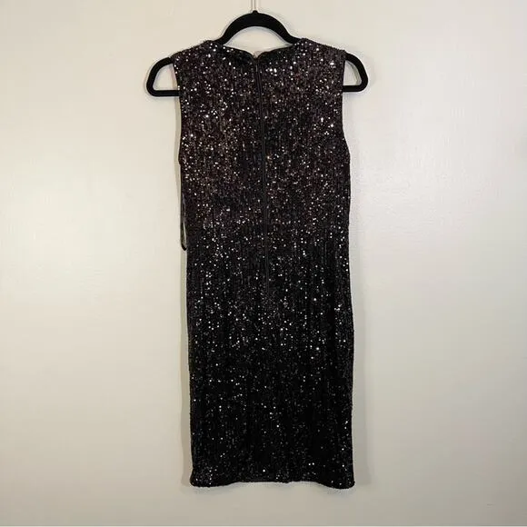 Calvin Stretch All Over Sequin Knot Detail Party Sheath Dress Black Size 8P NWT