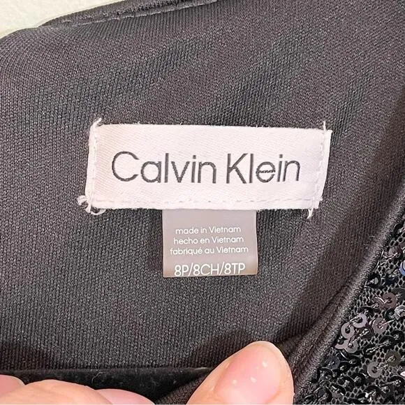 Calvin Stretch All Over Sequin Knot Detail Party Sheath Dress Black Size 8P NWT