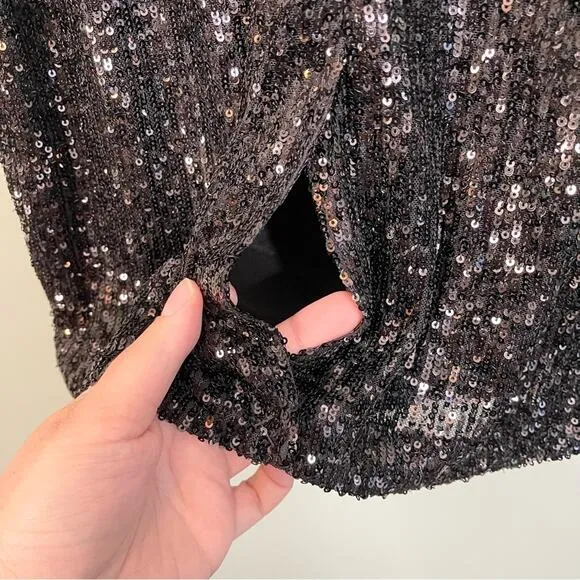 Calvin Stretch All Over Sequin Knot Detail Party Sheath Dress Black Size 8P NWT