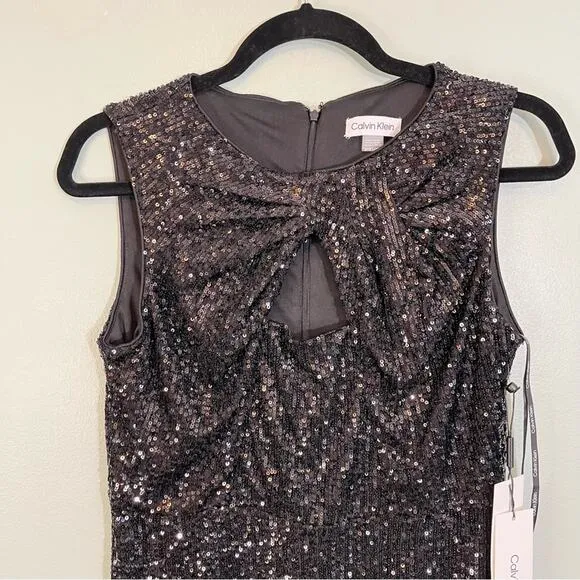 Calvin Stretch All Over Sequin Knot Detail Party Sheath Dress Black Size 8P NWT