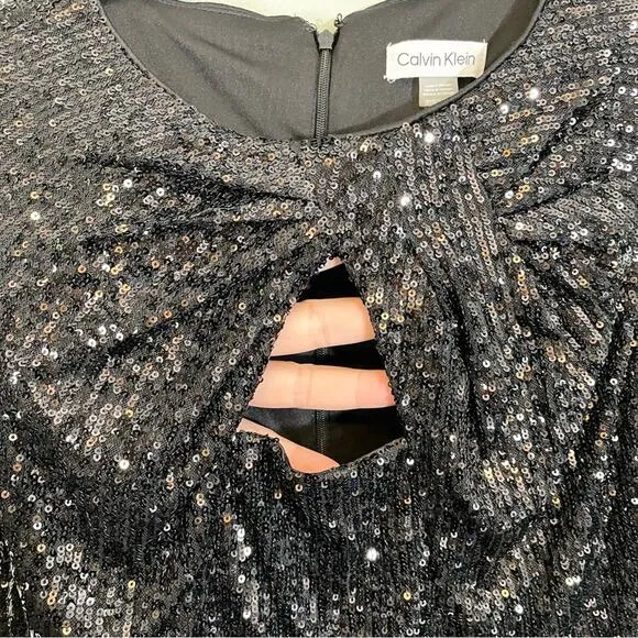 Calvin Stretch All Over Sequin Knot Detail Party Sheath Dress Black Size 8P NWT
