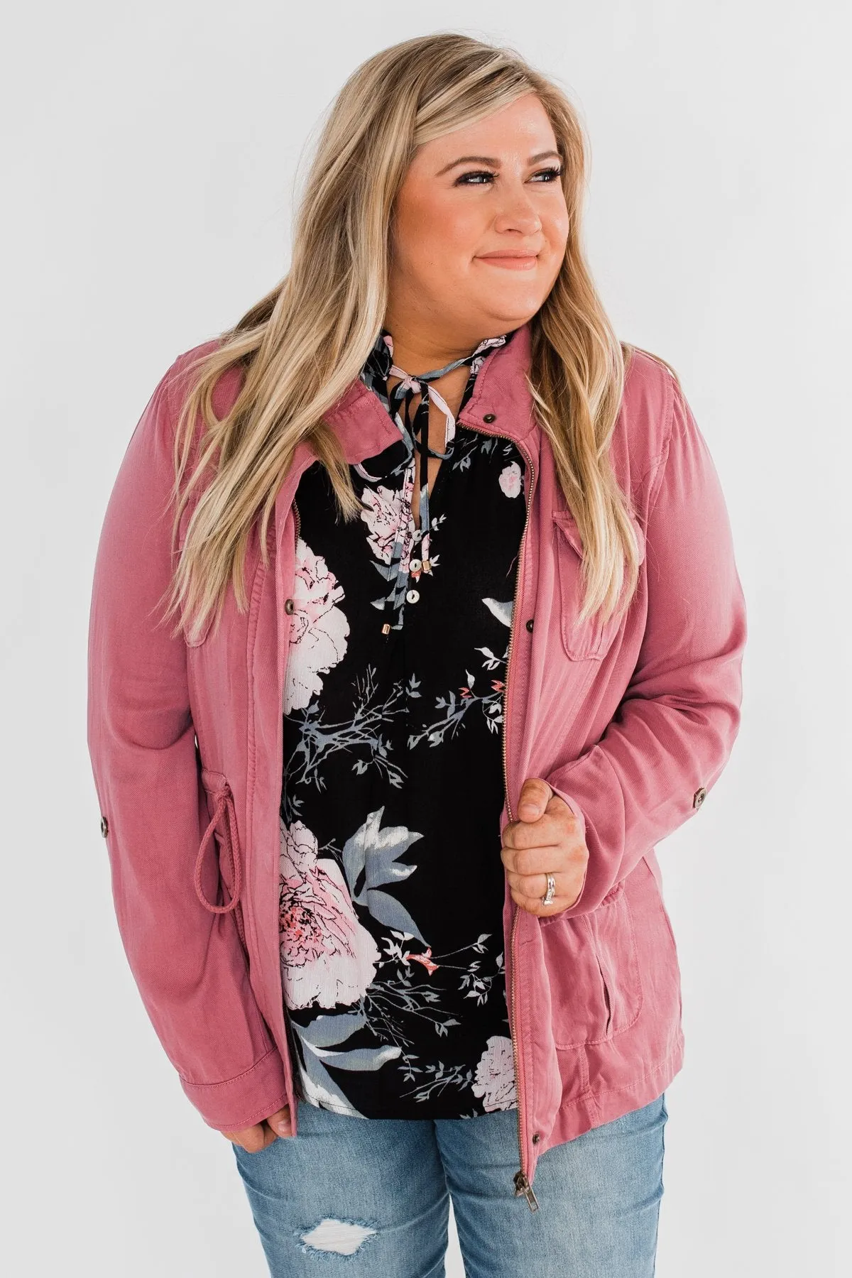 Carried Away Drawstring Waist Jacket- Mauve