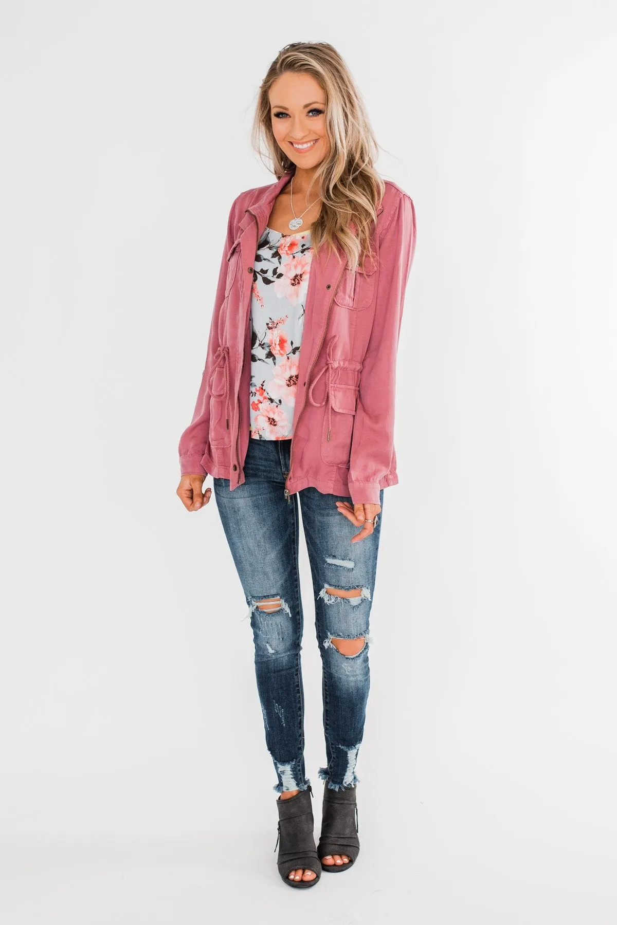 Carried Away Drawstring Waist Jacket- Mauve