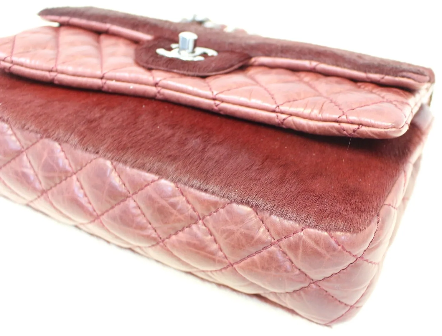 CHANEL Burgundy Quilted Leather Pony Hair Double Flap Shoulder Bag