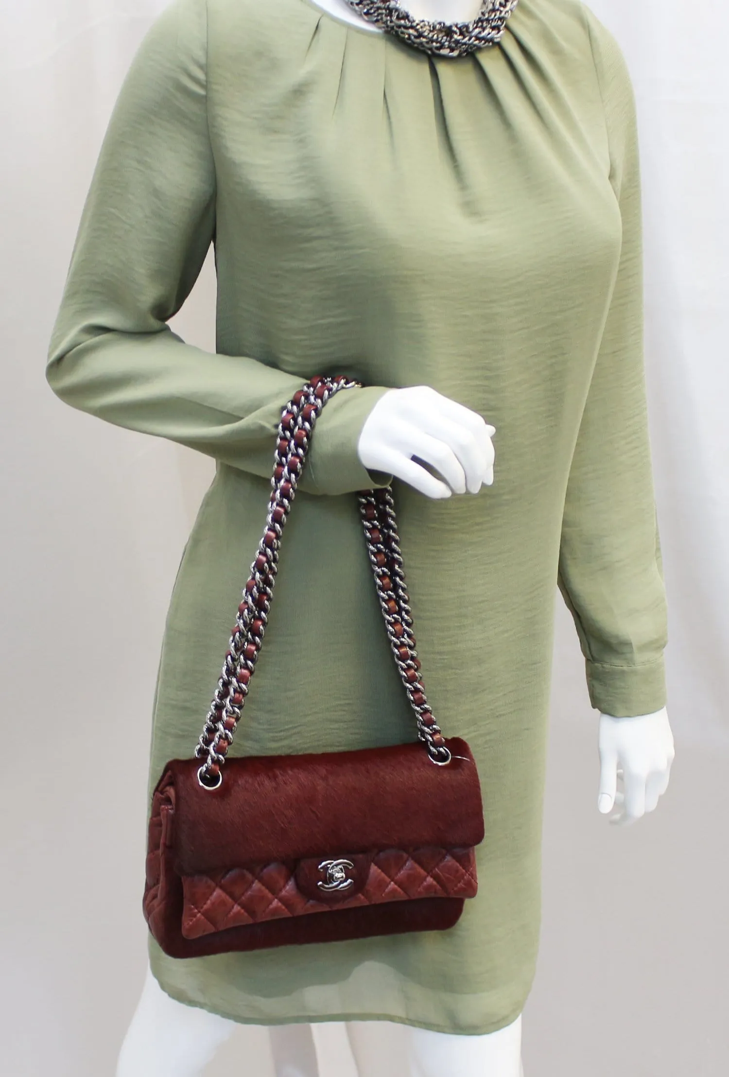 CHANEL Burgundy Quilted Leather Pony Hair Double Flap Shoulder Bag