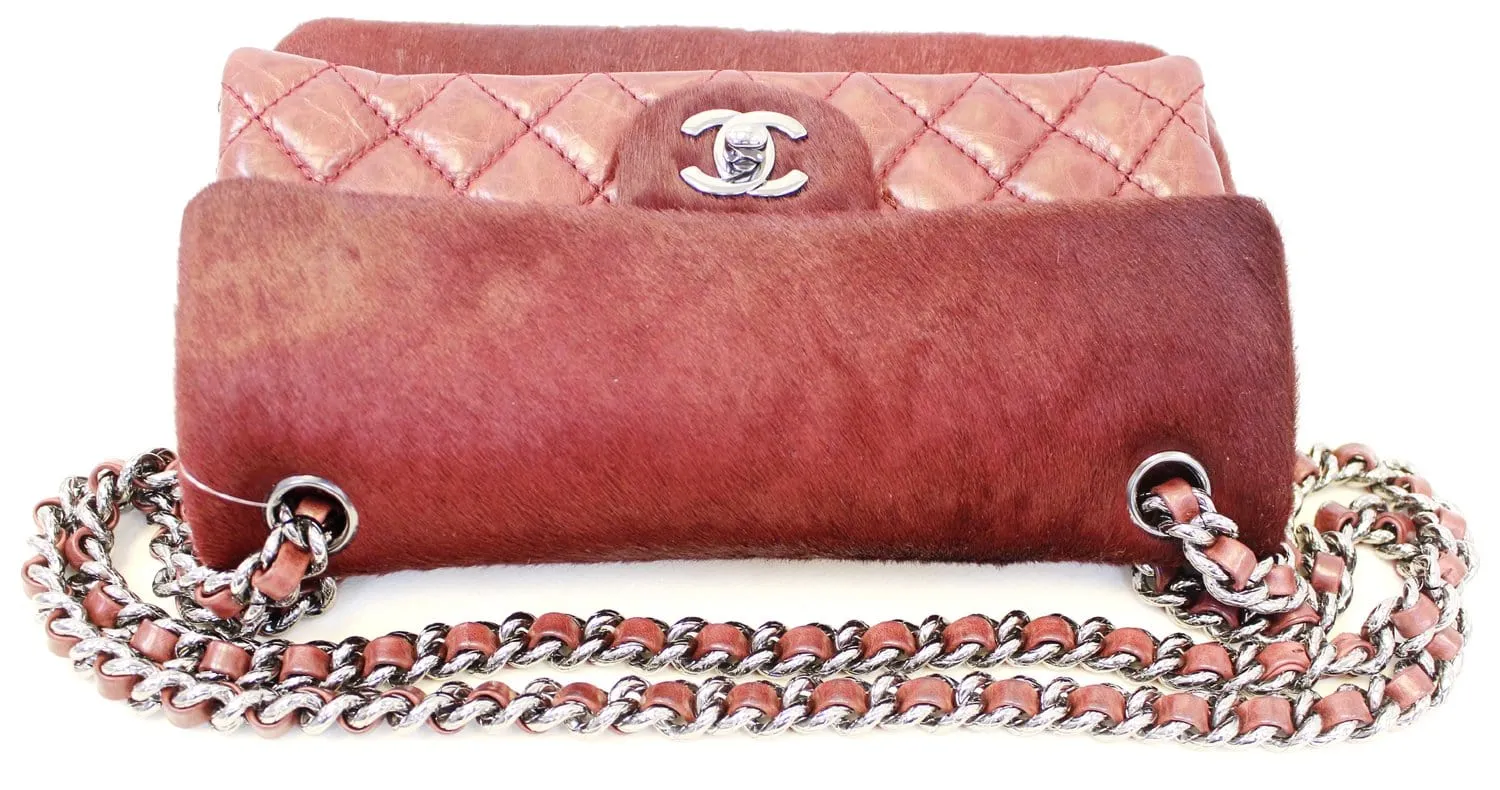 CHANEL Burgundy Quilted Leather Pony Hair Double Flap Shoulder Bag