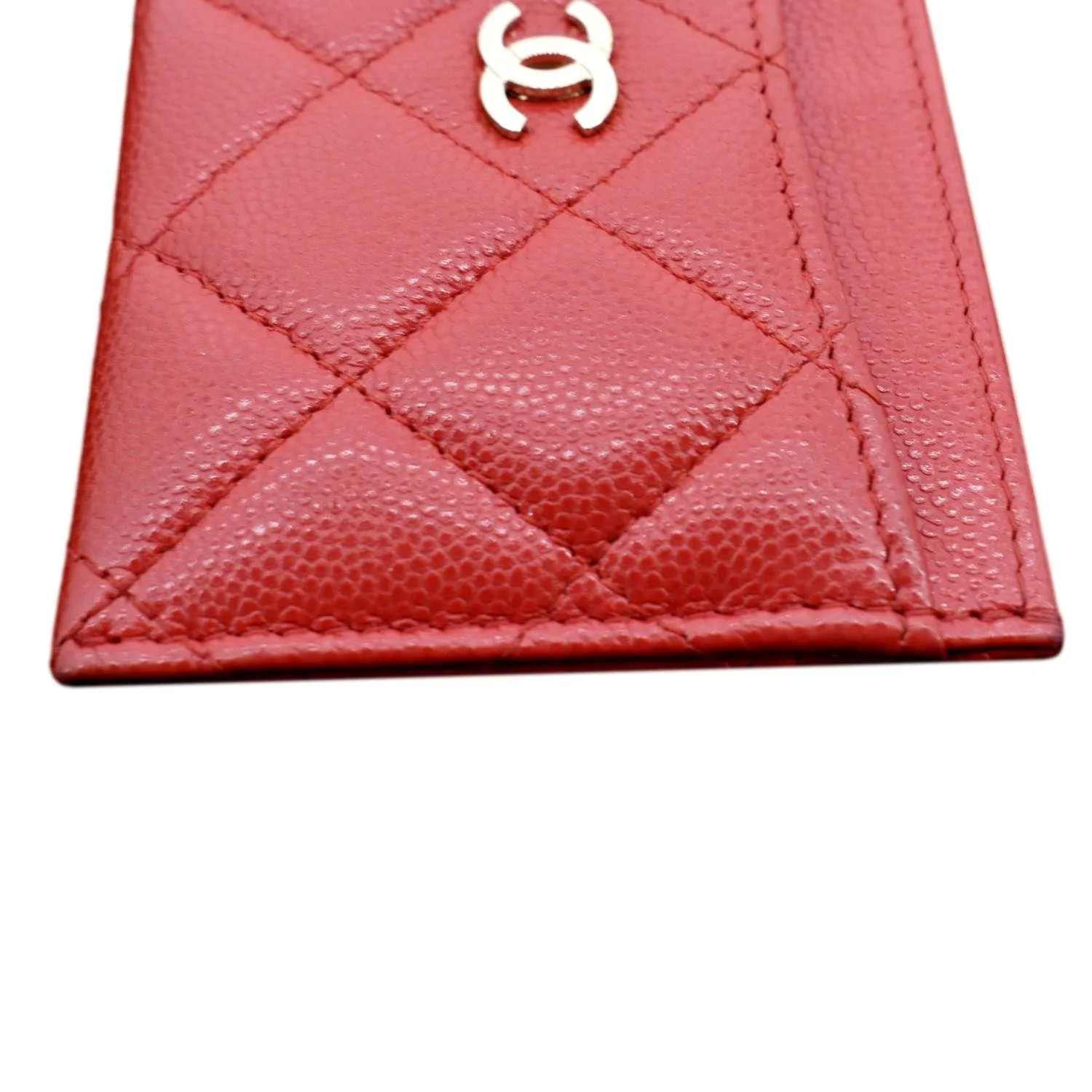 CHANEL CC Card Holder Quilted Caviar Leather Wallet Red