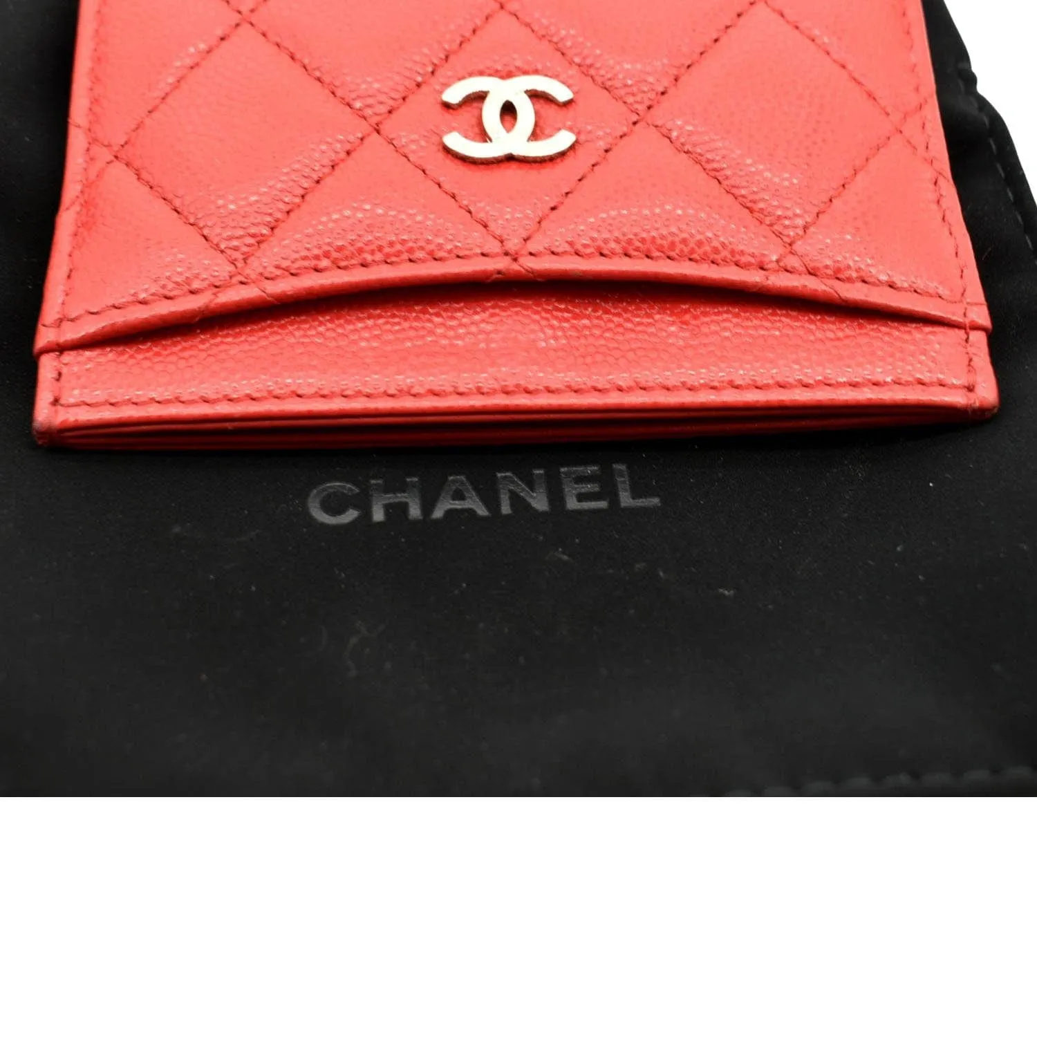 CHANEL CC Card Holder Quilted Caviar Leather Wallet Red