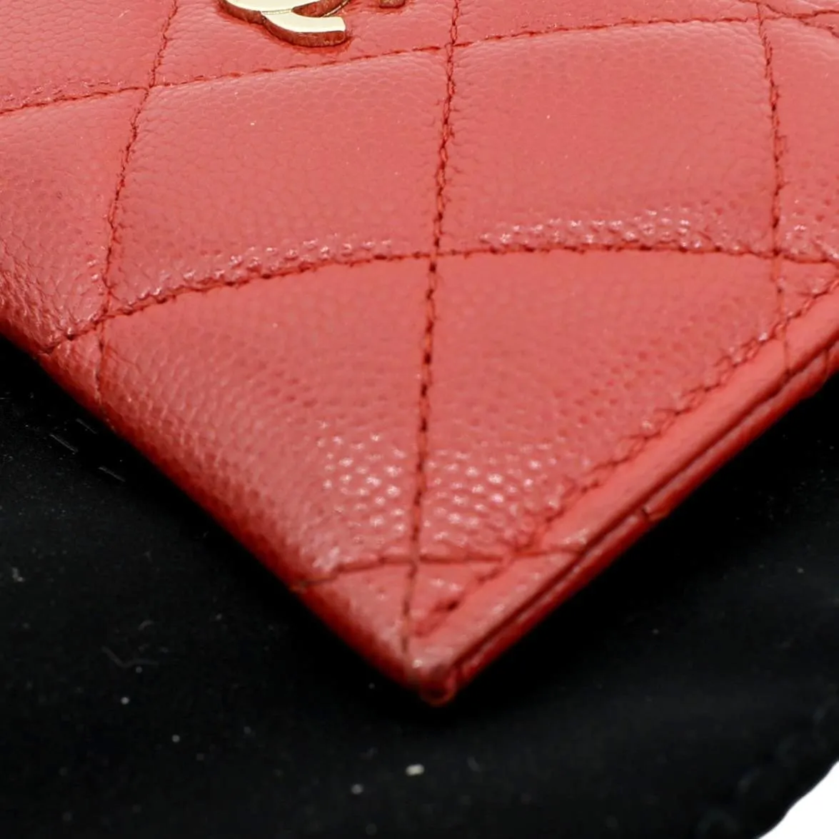 CHANEL CC Card Holder Quilted Caviar Leather Wallet Red