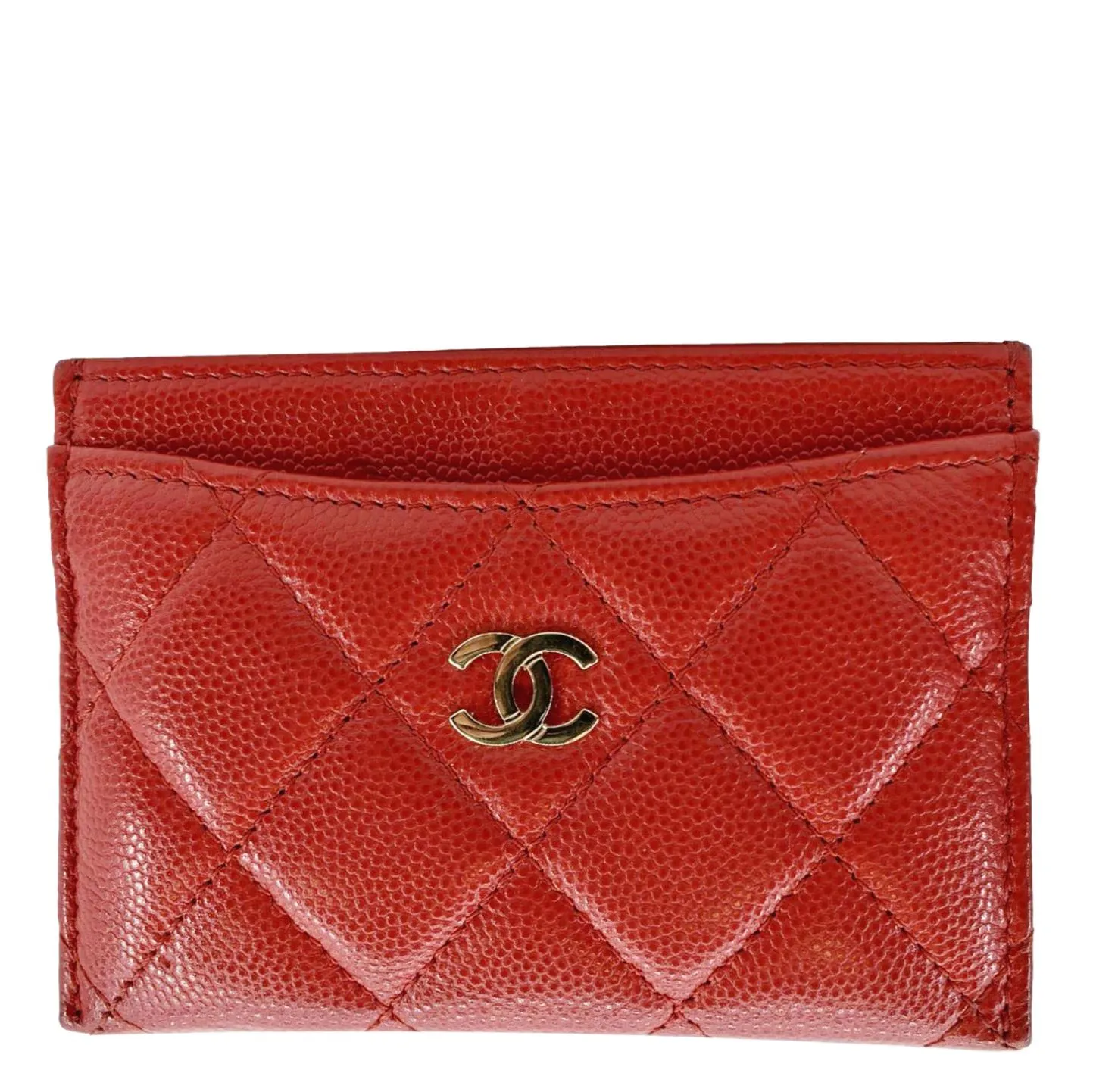 CHANEL CC Card Holder Quilted Caviar Leather Wallet Red