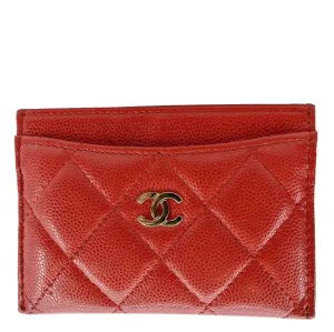 CHANEL CC Card Holder Quilted Caviar Leather Wallet Red