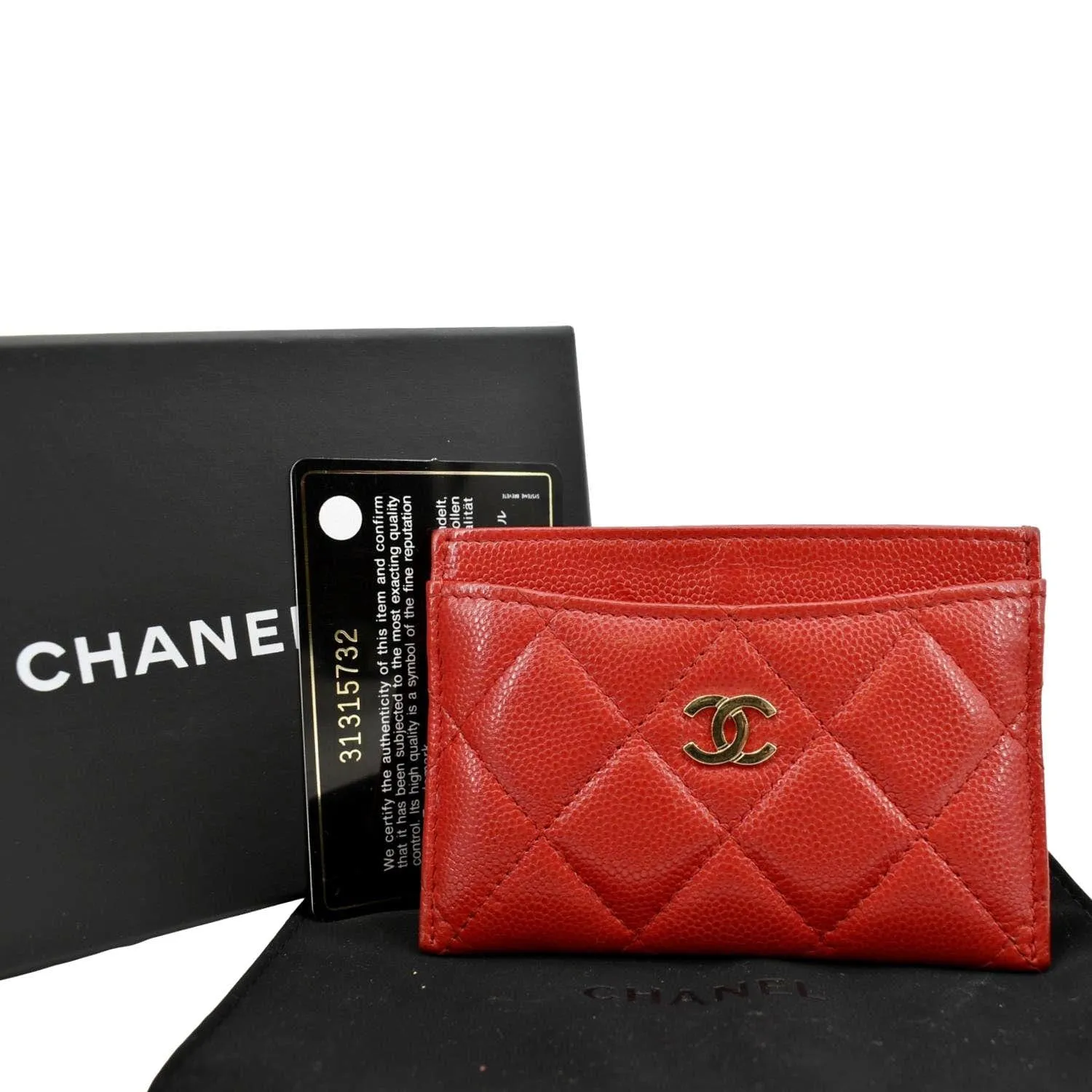 CHANEL CC Card Holder Quilted Caviar Leather Wallet Red