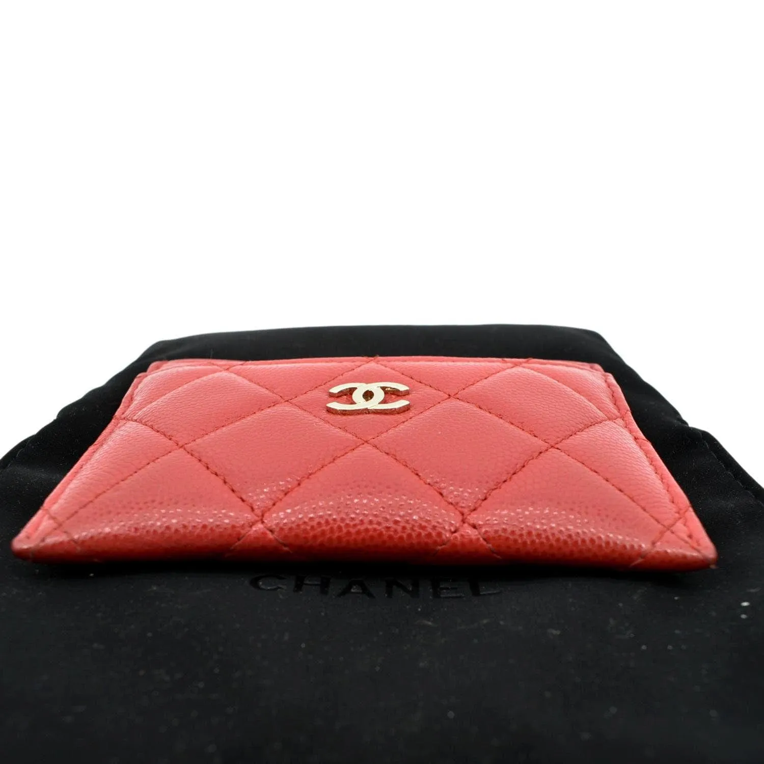 CHANEL CC Card Holder Quilted Caviar Leather Wallet Red