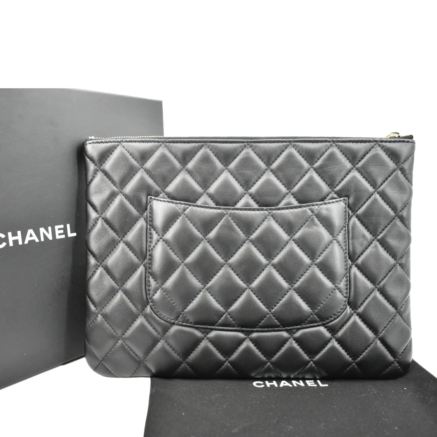 CHANEL O-Case Quilted Lambskin Leather Zip Pouch Black