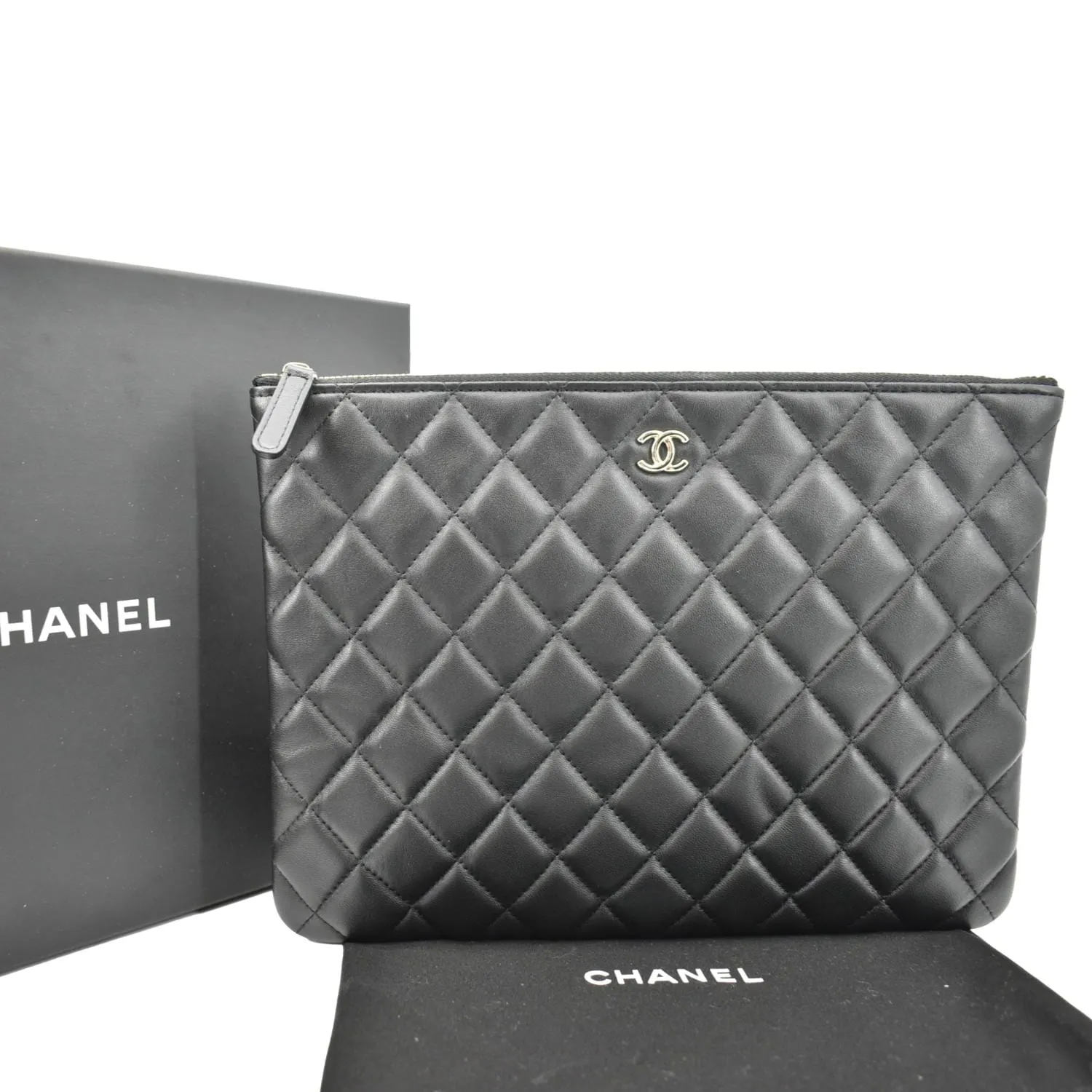 CHANEL O-Case Quilted Lambskin Leather Zip Pouch Black