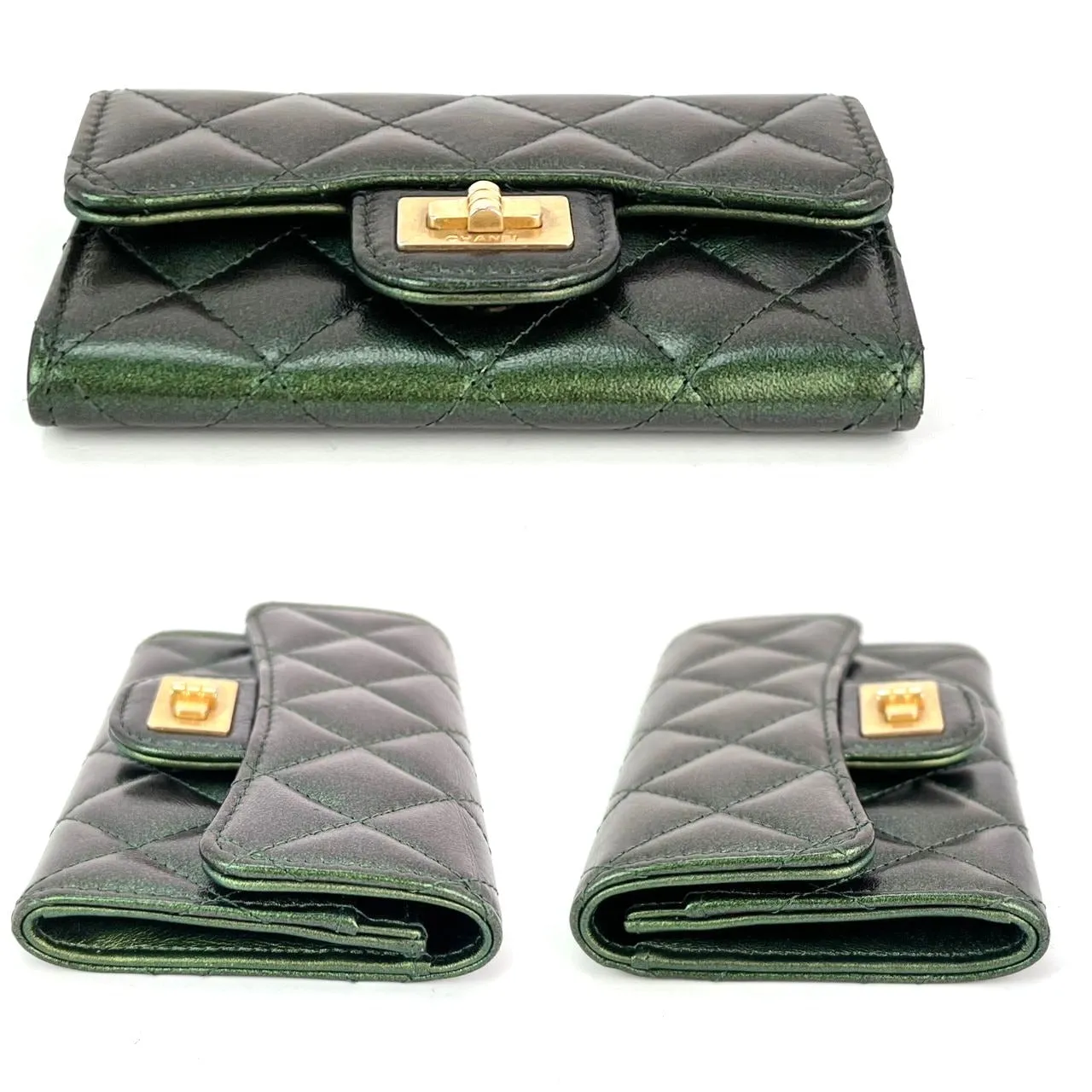 CHANEL Quilted Reissue Small Leather Flap Card Holder Iridescent Green Wallet
