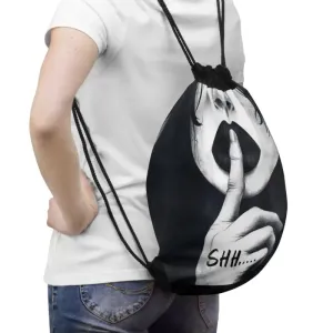 Chic Drawstring Gym Bag for Woman with Fingers on Lips