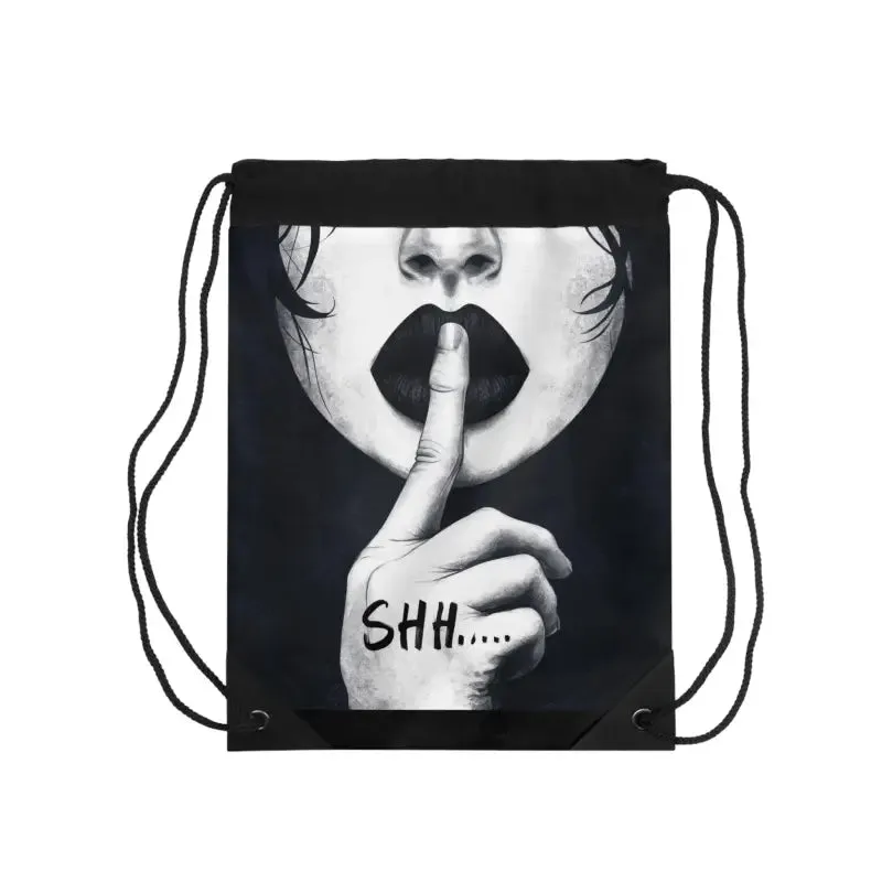 Chic Drawstring Gym Bag for Woman with Fingers on Lips