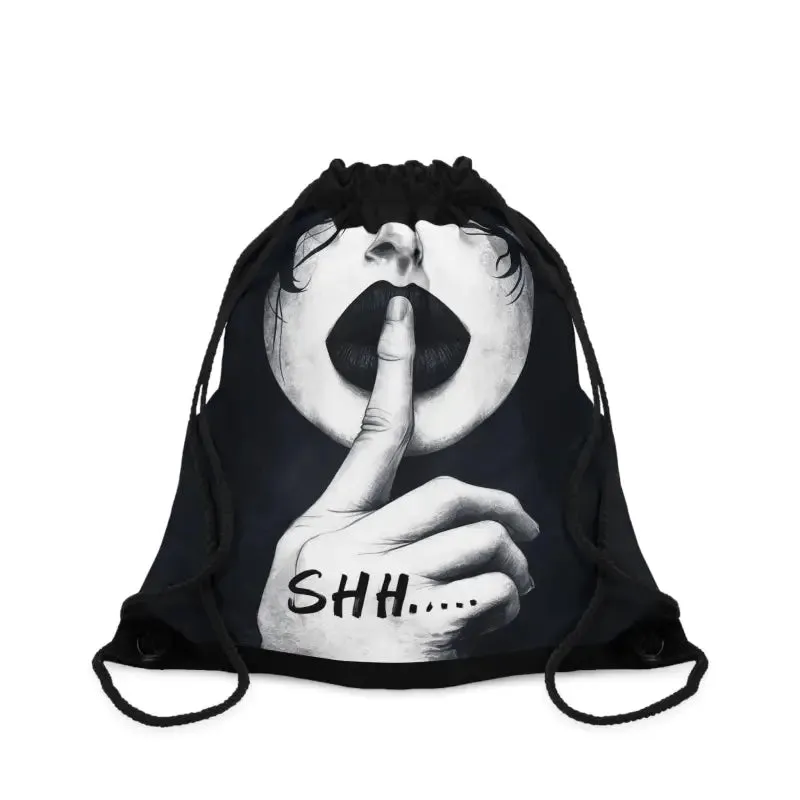 Chic Drawstring Gym Bag for Woman with Fingers on Lips