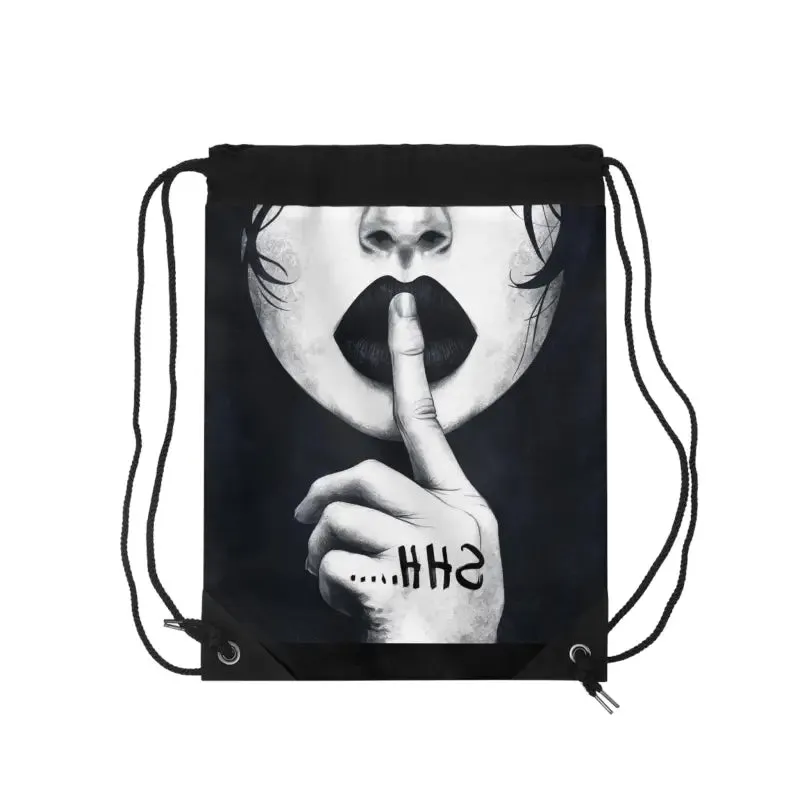 Chic Drawstring Gym Bag for Woman with Fingers on Lips
