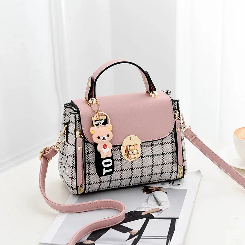 Chic Plaid Pattern Handbag with Charm Accents