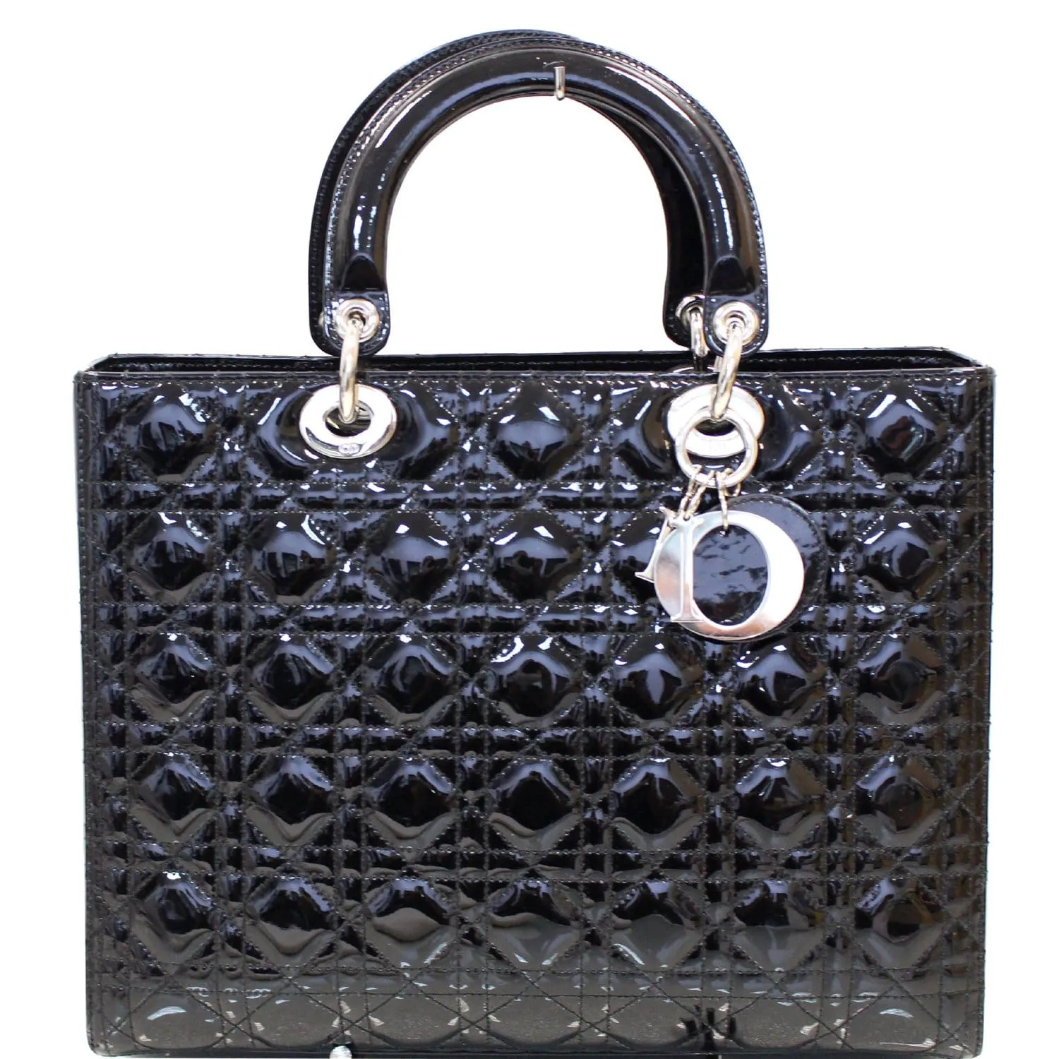 CHRISTIAN DIOR Lady Dior Large Quilted Patent Leather Shoulder Bag Black