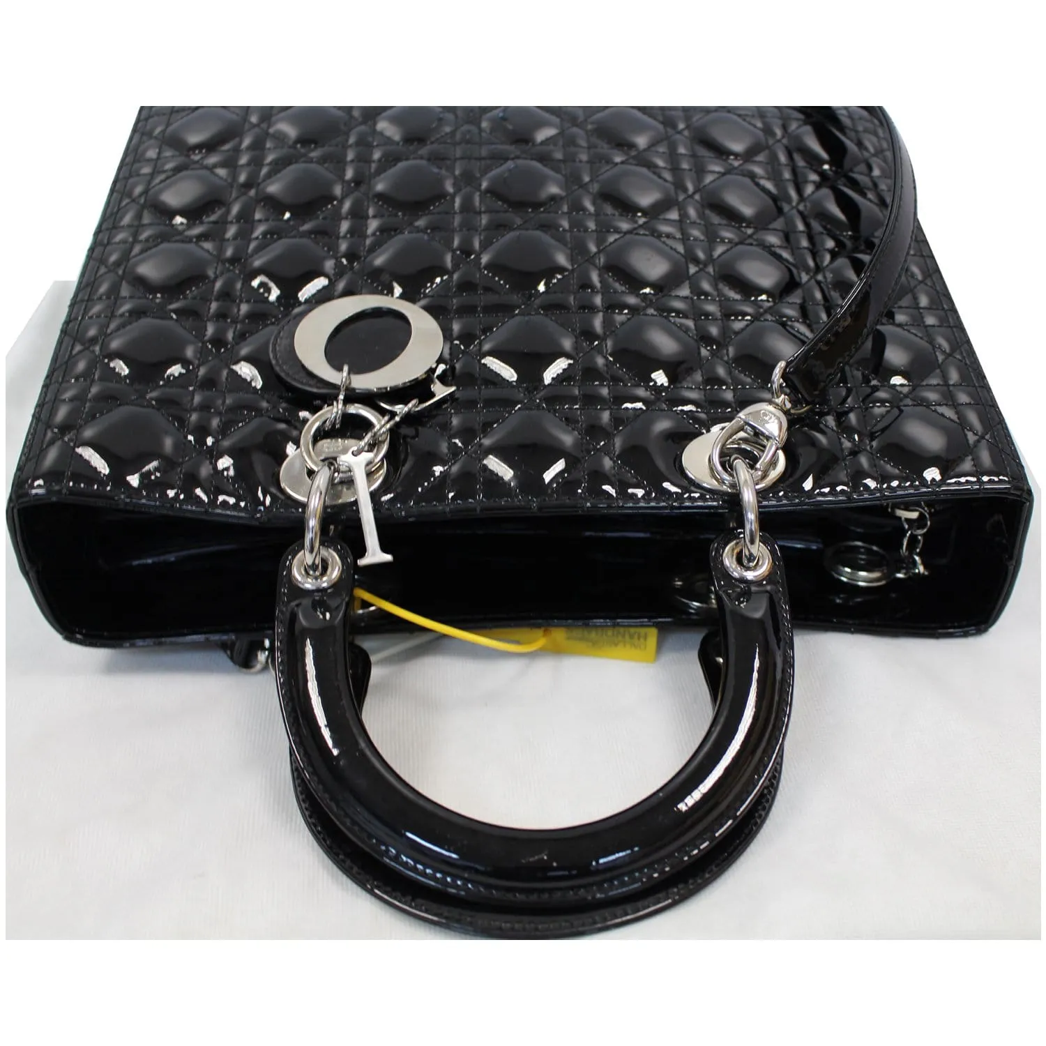 CHRISTIAN DIOR Lady Dior Large Quilted Patent Leather Shoulder Bag Black