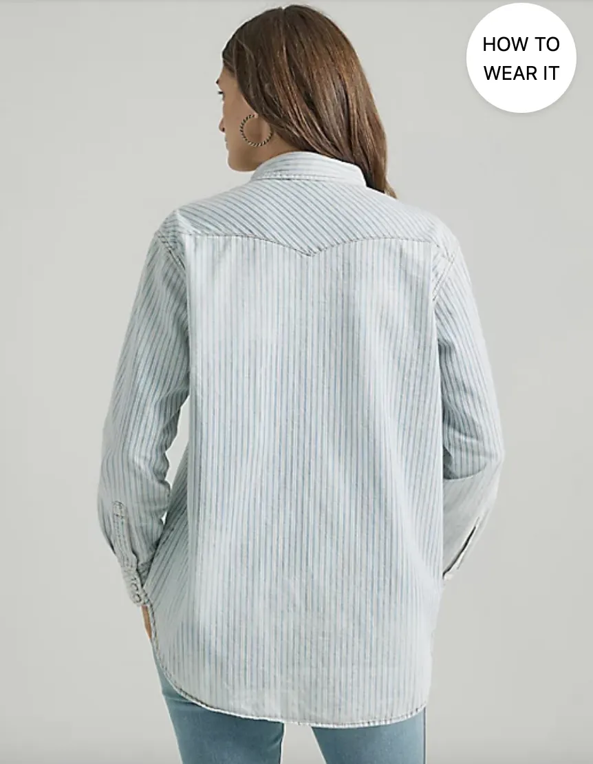 CL112347209 Wht/Blu Womens Wrangler Oversized Retro Striped Denim Shirt