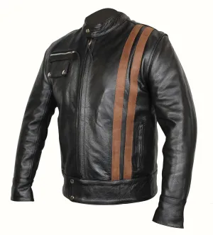 Classic Cafe Racer Black Biker Leather Jacket with Brown Stripes XL