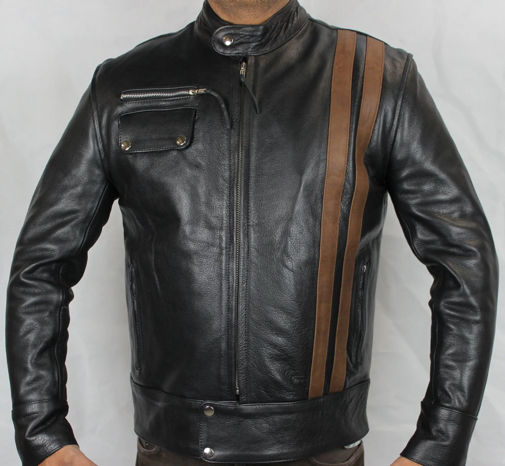 Classic Cafe Racer Black Biker Leather Jacket with Brown Stripes XL