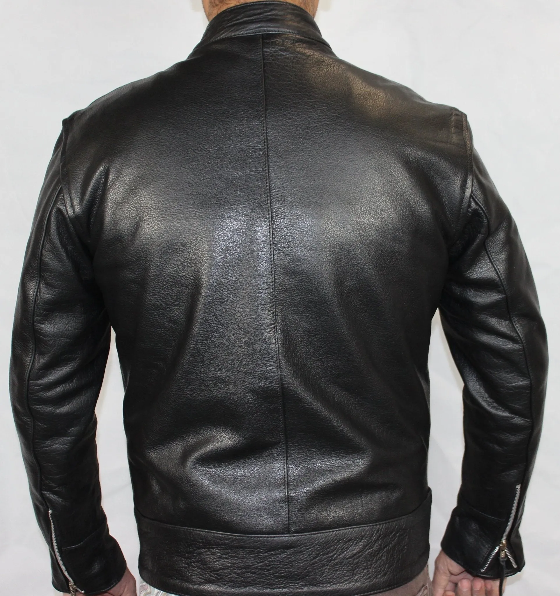Classic Cafe Racer Black Biker Leather Jacket with Brown Stripes XL