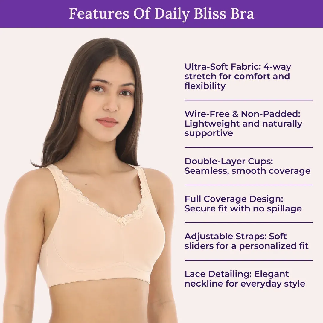 Cotton Bra | Lace Detailing | Full Coverage | Wire-Free & Non-Padded | Seamless Cups | No Centre Panel | Hidden Side Panels
