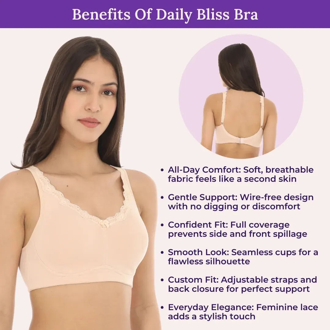 Cotton Bra | Lace Detailing | Full Coverage | Wire-Free & Non-Padded | Seamless Cups | No Centre Panel | Hidden Side Panels
