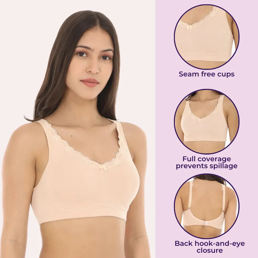 Cotton Bra | Lace Detailing | Full Coverage | Wire-Free & Non-Padded | Seamless Cups | No Centre Panel | Hidden Side Panels