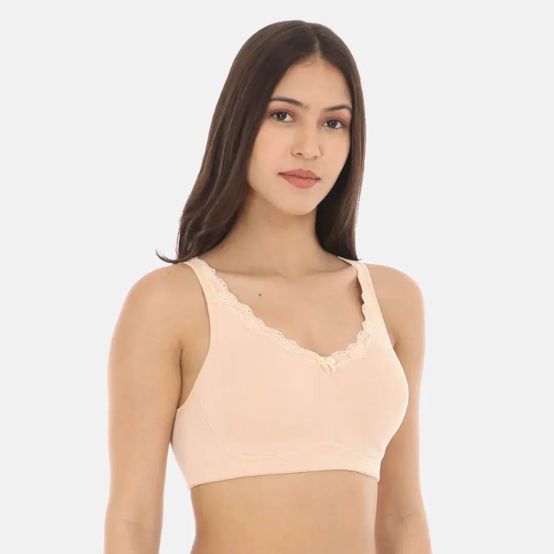 Cotton Bra | Lace Detailing | Full Coverage | Wire-Free & Non-Padded | Seamless Cups | No Centre Panel | Hidden Side Panels